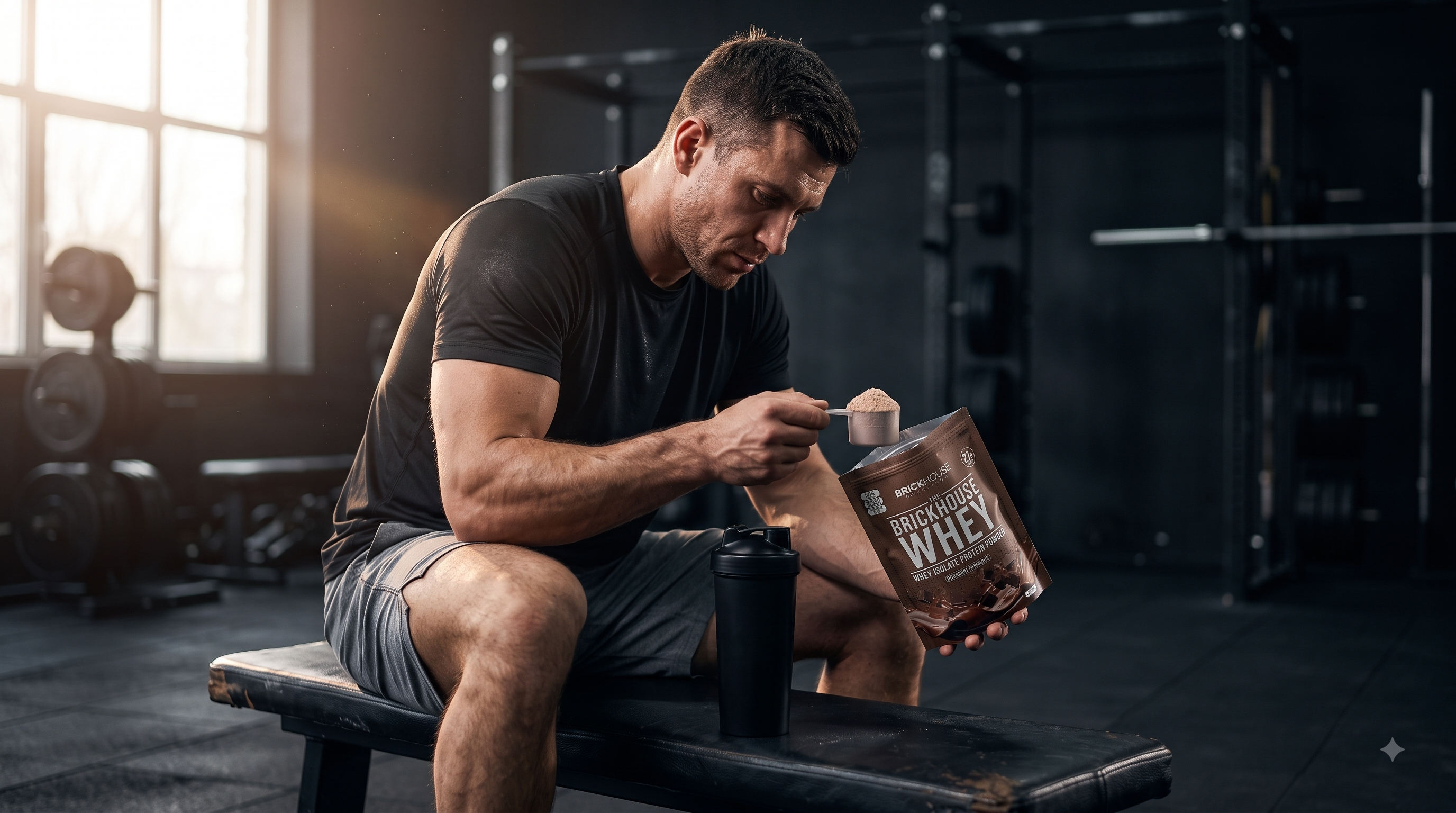 Athlete at the gym scooping The BrickHouse Whey Protein Powder into a black shaker bottle.