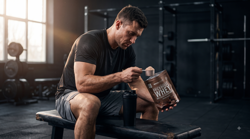 Athlete at the gym scooping The BrickHouse Whey Protein Powder into a black shaker bottle.