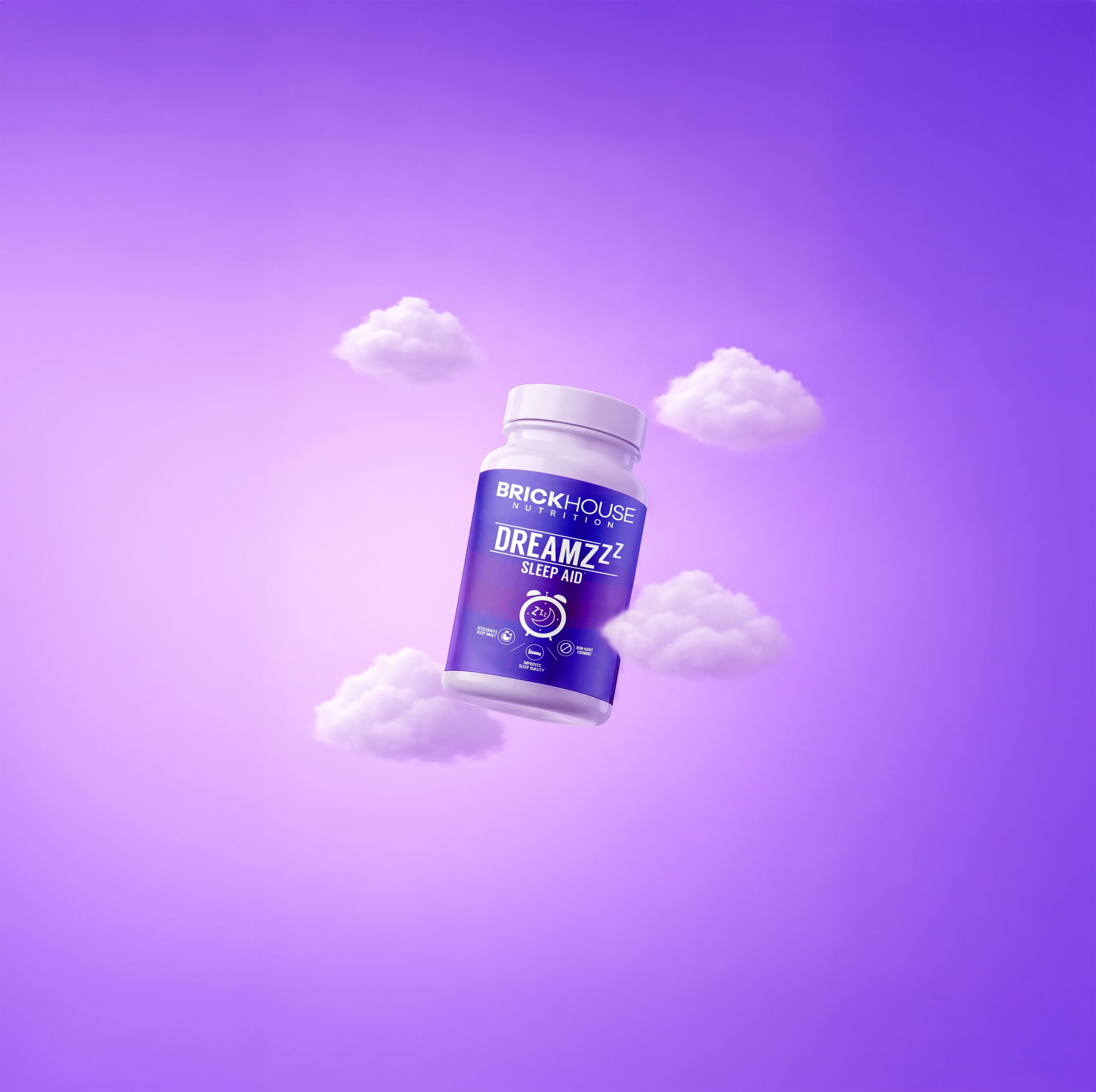 Dreamzzz sleep aid bottle floating among clouds