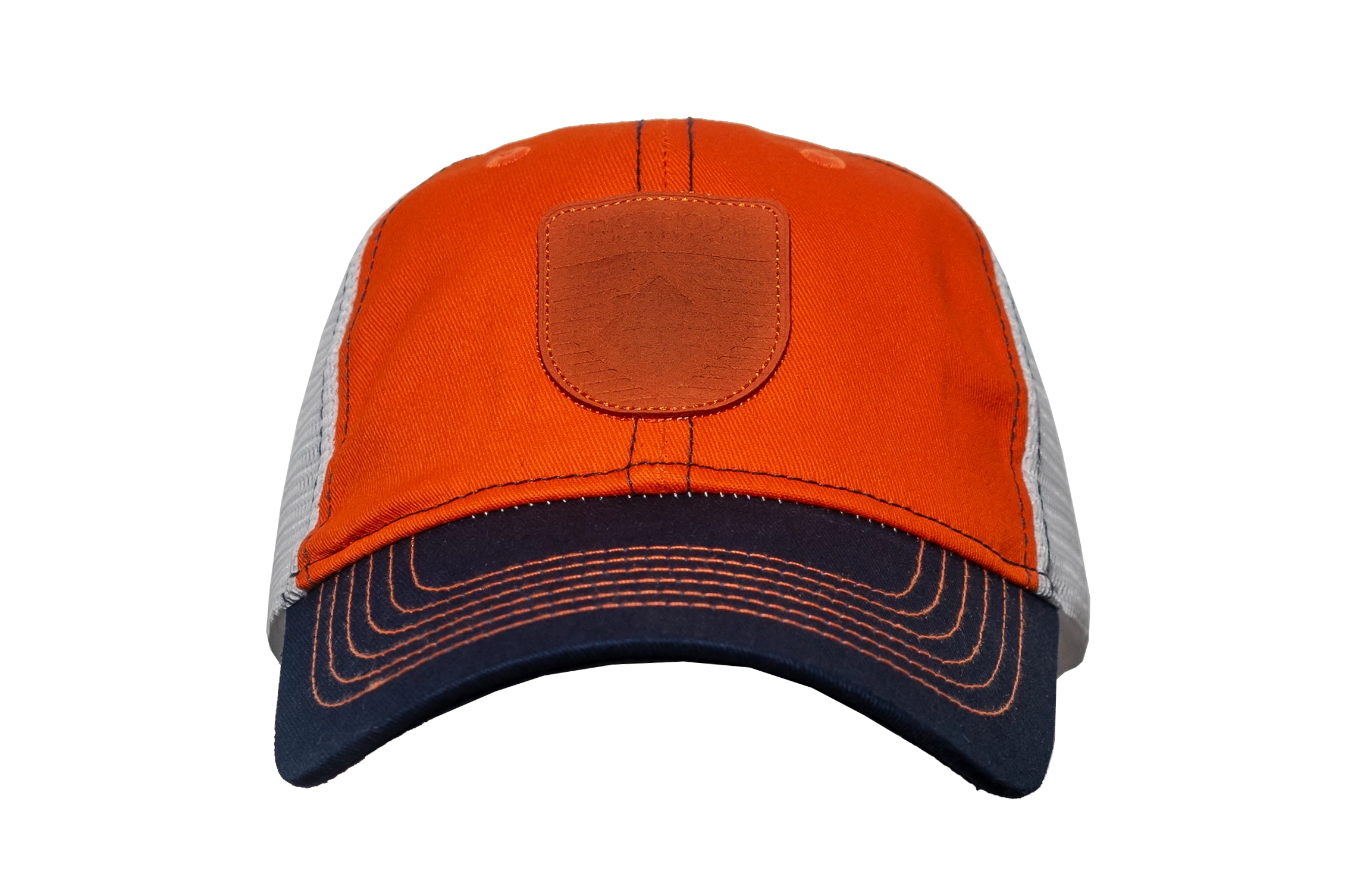 Brickhouse nutrition trucker hat leather badge orange front