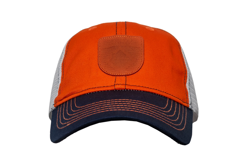 Brickhouse nutrition trucker hat leather badge orange front