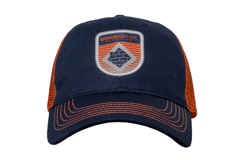 Brickhouse nutrition trucker hat badge blue front